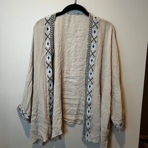 Pale blue Open Front Cardigan with Embroidered Trim